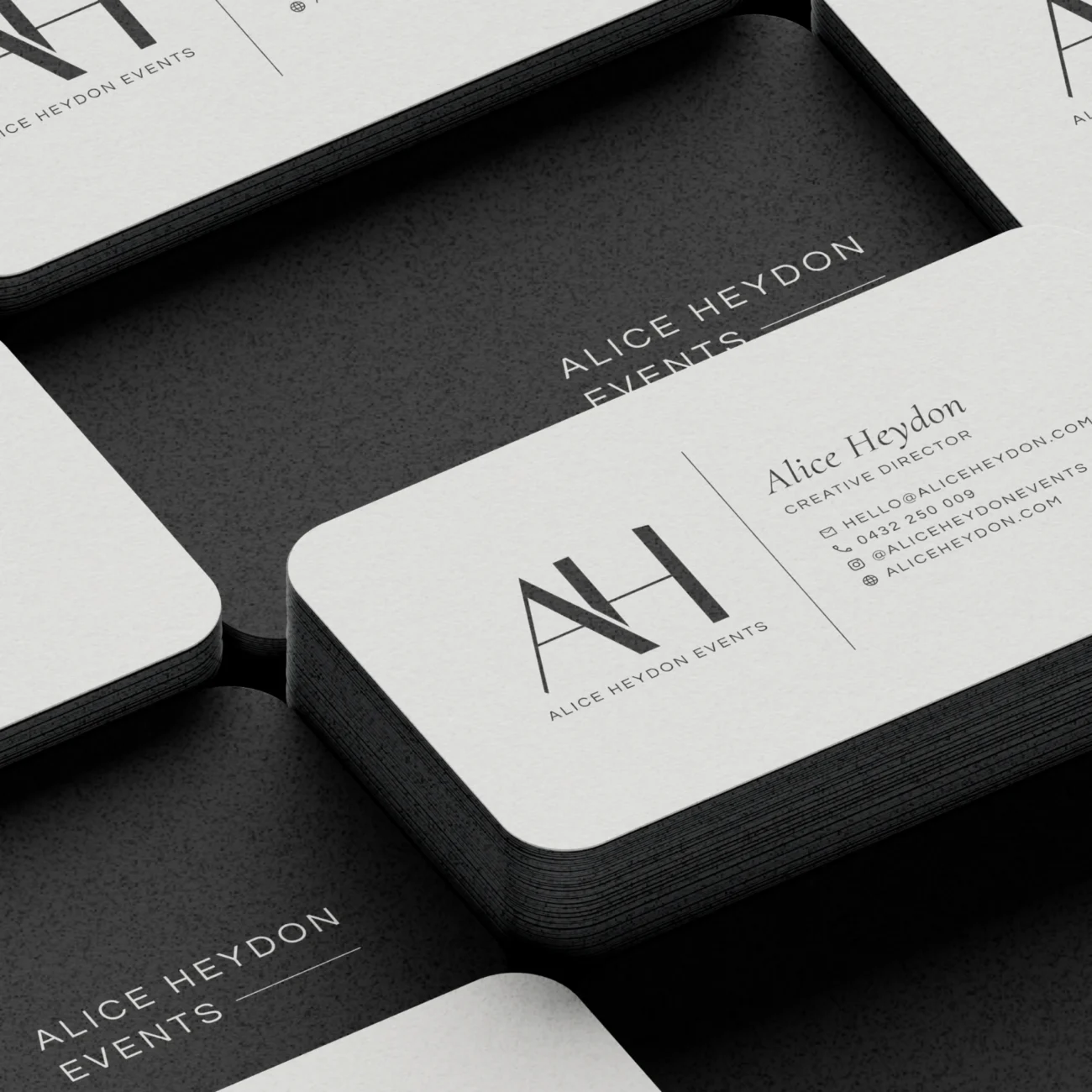 minimal, luxury, high-end, monochromatic business card collateral design for alice heydon events, luxury wedding planner and stylist from perth, wester australia, created by chris carciller designs