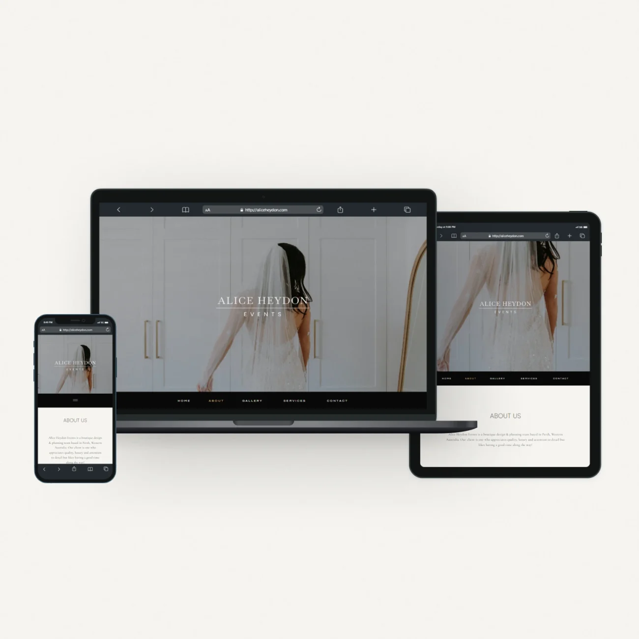 minimal, luxury, high-end, monochromatic website homepage optimized in desktop, mobile, tablet devices for alice heydon events, luxury wedding planner and stylist from perth, wester australia, created by chris carciller designs